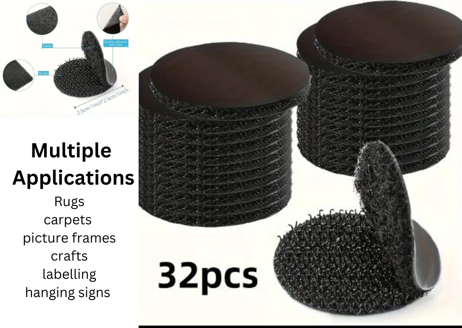 32 Pairs Hook & Loop Sticky Back Adhesive – Self-Adhesive Fastener for Rugs & Mo