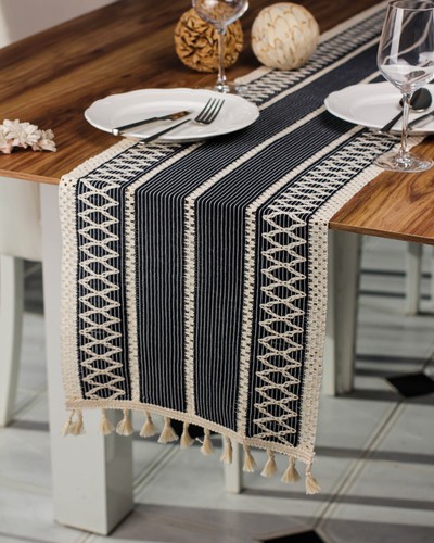 Table Runner Knitted Tasseled Organic Cotton Green, Beige, Brown 35cm x 145cm - Picture 59 of 94