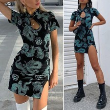 One-Piece Cheongsam Dress Chinese Style Vintage Dress Dragon Print Women Dress