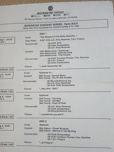 Westwood One RADIO SHOW" Farm Aid 5 1992"#92-19 5/9/92 Mellencamp N.YoungSkynyrd - Picture 2 of 3