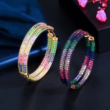 Rainbow CZ Round Hoop Earrings Multicolor Luxury 18k Gold Plated for Women Party