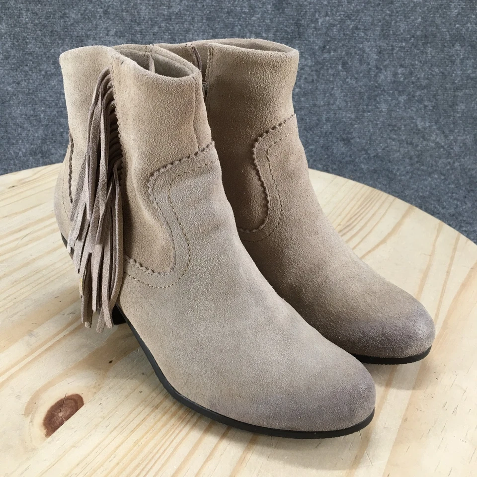 Botas de tornozelo femininas Sam Edelman 8M bege Louie camurça franja zíper ocidental casual - Imagem 3 de 4