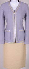 ST.JOHN Women Knit Tweed Purple Beige With Beige Trim Zip Jacket Skirt Sz 10