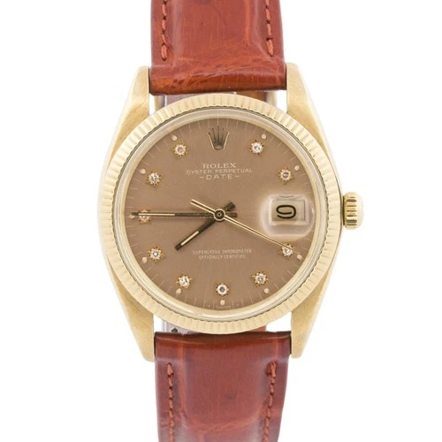 VINTAGE Rolex Oyster Perpetual Date TOBACCO DIAMOND 18K Yellow Gold 34mm 1501