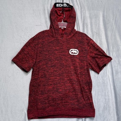 Ecko Unltd Shirt Mens Large Red Black Short Sleeve Hoodie Athletic Spell Out
