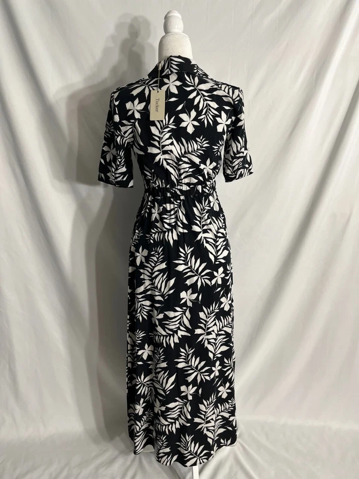 Nuevo con etiquetas Vestido de trinchera Tucker NYC Moonlight Safari Negro Blanco Floral XS Manga Corta Foto 3 de 4