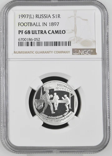1997 RUSSIA 1 Rouble, Silver -World Cup Football Soccer in 1897 - NGC PF68 UC