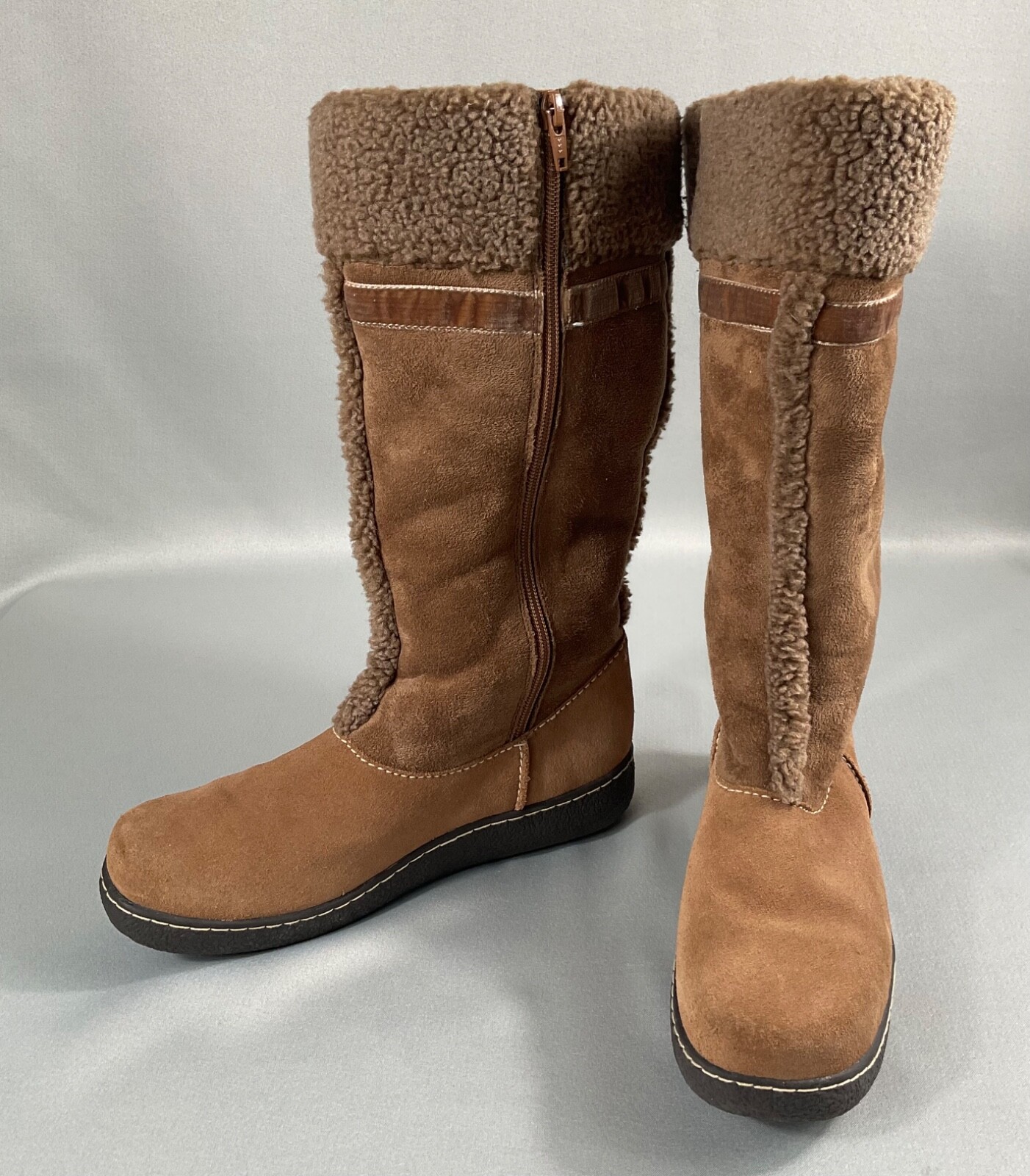 Lands' End Boots Womens Sz 7.5 B Tan Sherpa Faux Suede Fleece Lined Side Zip