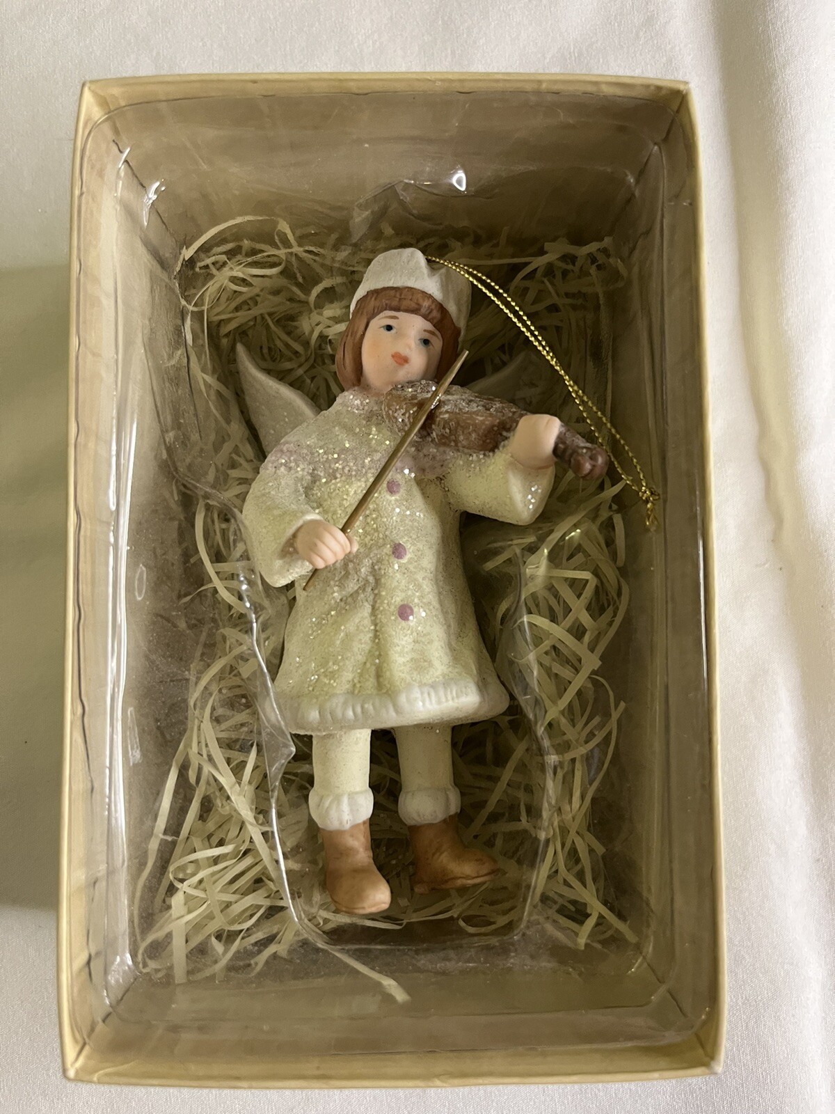 PORCELAIN ANGEL Victorian Child Plays Violin Christmas Ornament Costco