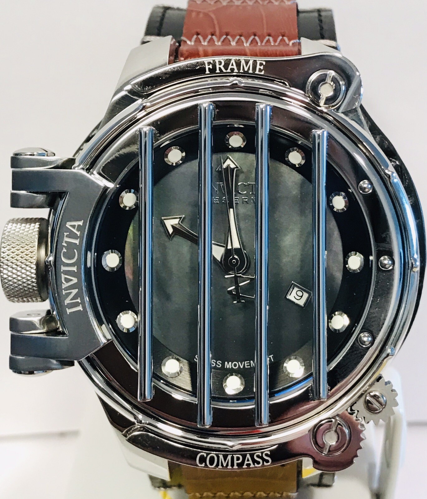 Купить 52mm COMPASS Crossbar Black Brown Lagarto Strap Swiss Ronda