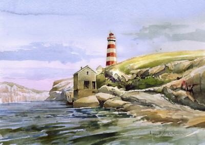 Sambro Island Lighthouse, Nova Scotia, Canada. James Mann Watercolor Art Prints