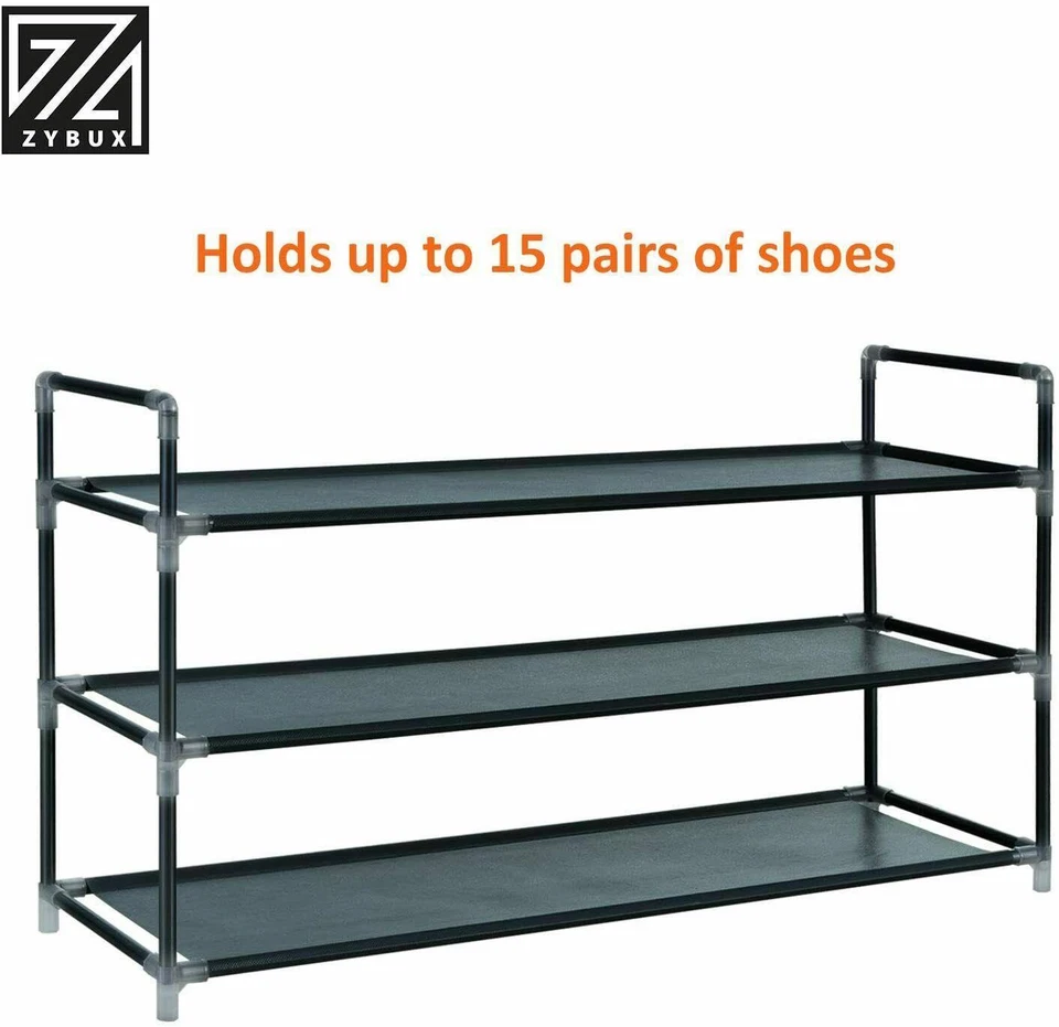3 Tier Long Fabric Organiser Shoe Shelf Rack, Stand Storage, Space Saving, Black - Image 3 of 4