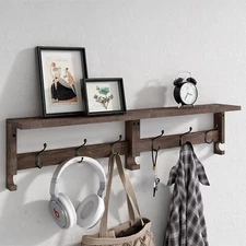 VERTORGAN Coat Hooks Wood Rack Wall-Mounted 31.5" Entryway Shelf with 10 Hooks