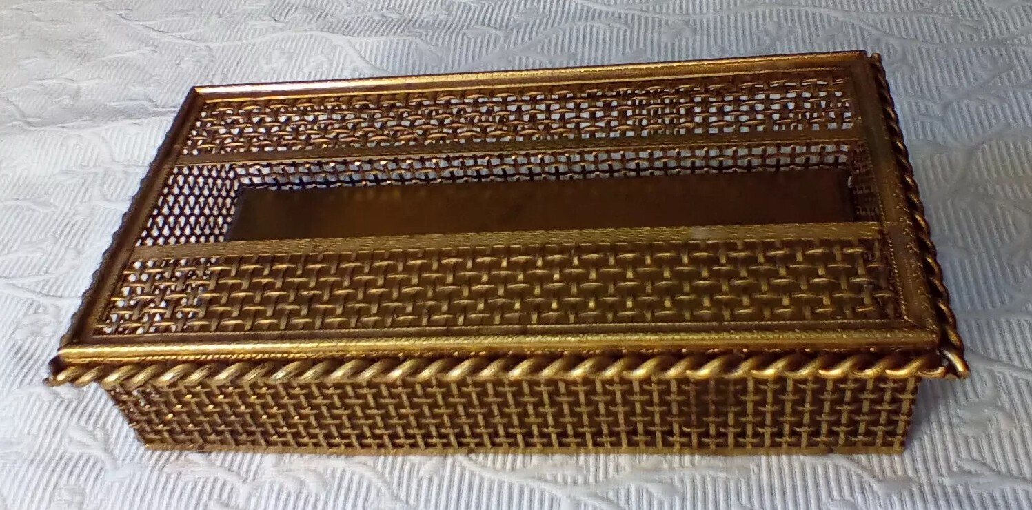 Vintage Tissue Kleenex Box Holder Gold Filigree Hollywood Regency Mid Century