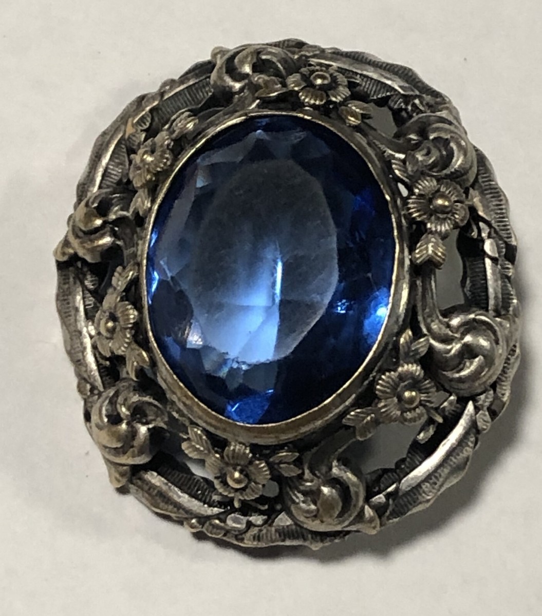 USA Antique エンボッサー Stunning Antique C Clasp Blue Glass Sapphire Rhinestone Floral