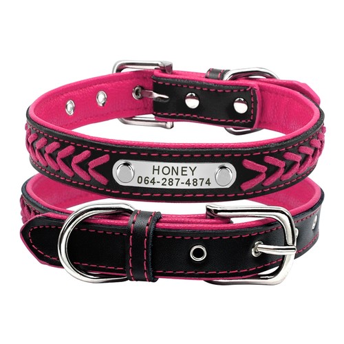 Personalized Dog Collar Braided Leather Padded Name ID Tag Engraved Free XS-XL - Picture 2 of 19