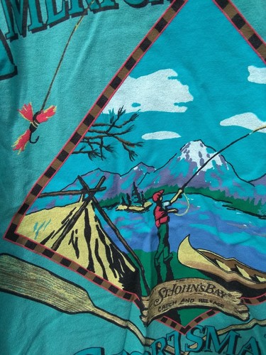 VTG NWT St. John's Bay Men's Graphic T shirt SZ L Green Camping Fly Fishing NOS - Picture 4 of 6