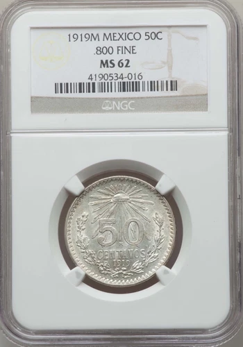 MEXICO ESTADOS UNIDOS 1919 50 CENTAVOS COIN CERTIFIED UNCIRCULATED NGC MS-62