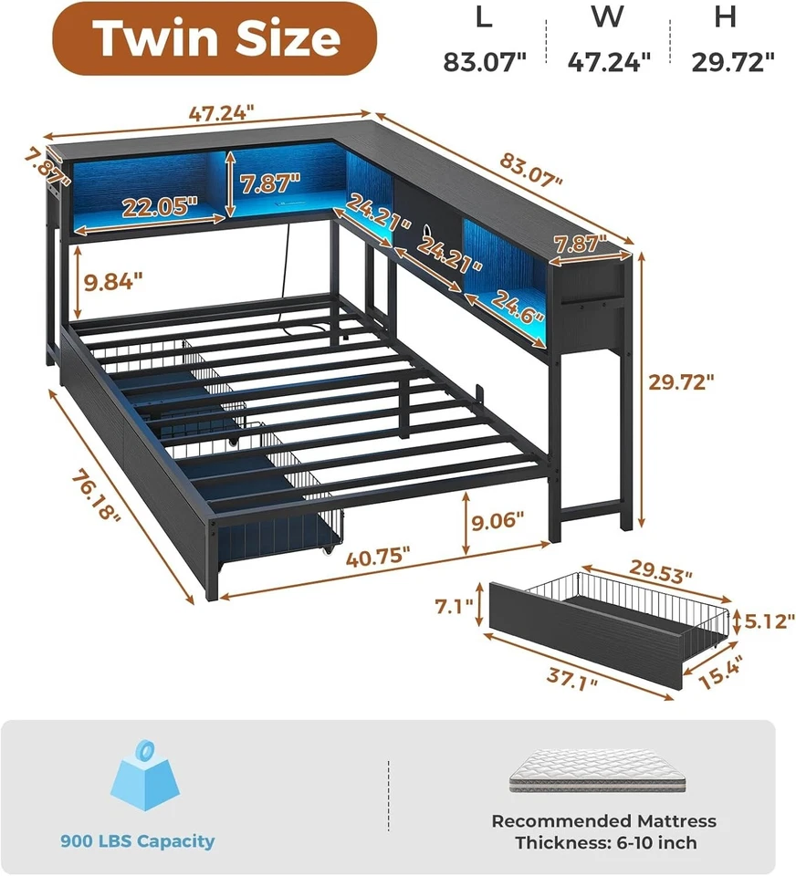Marco de cama esquinero doble sofá cama con estación de carga luces LED estantería cajones Foto 2 de 4