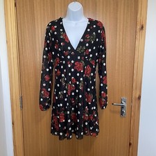 Zara Dress Women's Size M Black Red Floral Lace V-Neck Long Sleeve Party Event