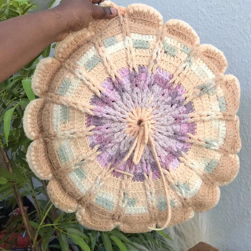 Handmade Round Granny Crochet Pillows MCM Pink Green Retro Cottagecore Fairycore - Image 3 of 4