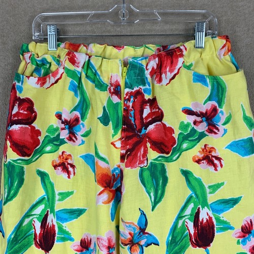 Vintage Womens Pants 31-36x26 Yellow Floral Wide Leg Relaxed Pull On Elastic - Picture 2 of 13
