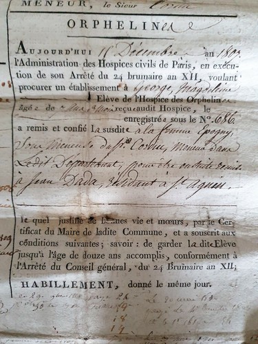 ANCIEN CERTIFICAT de PLACEMENT d'une ORPHELINE HOSPICES CIVILS DE PARIS 1807 19è - Photo 3 sur 12