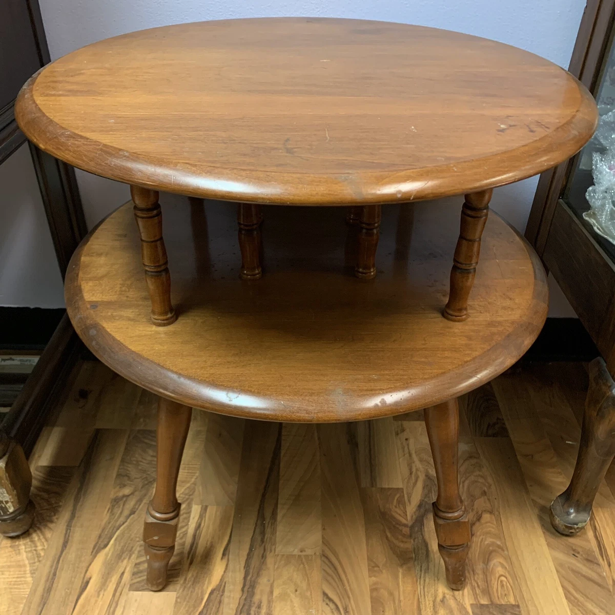 VTG 1950s Ethan Allen Hand Made Solid Maple Wood Round 2 Tier End Table 24 D