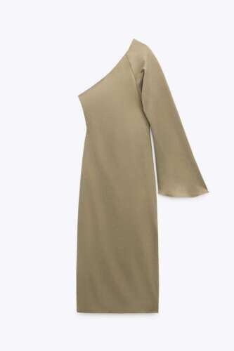 ZARA Khaki Asymmetric One Shoulder Long Midi Linen Dress XL Extra Large NEW  | eBay