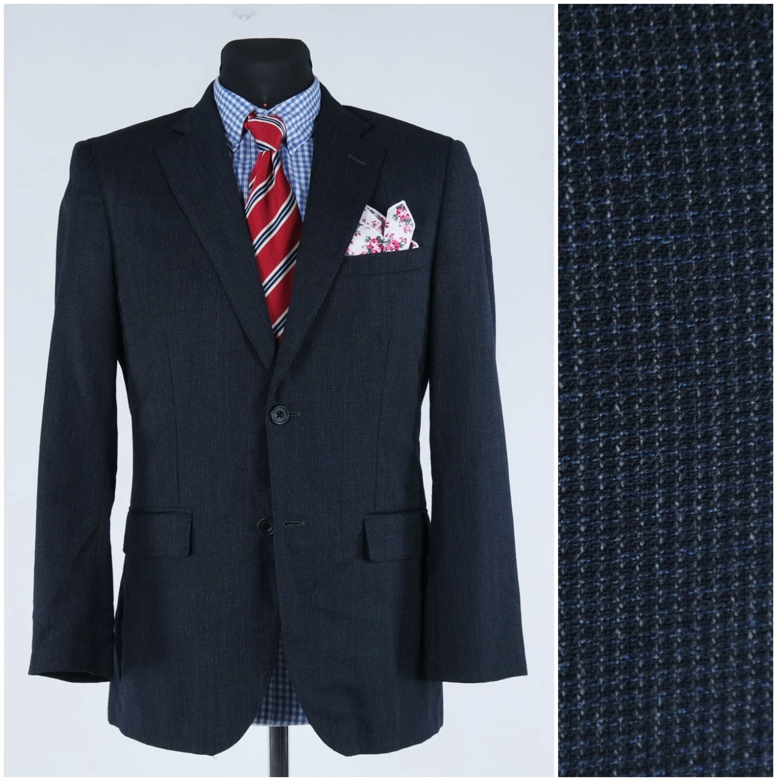 Mens Navy Blue Blazer 38S UK Size BLACK Pin Check Wool Sport Coat Jacket