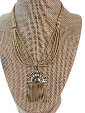 Vintage Gold Tone Edwardian Multi Strand Necklace Ornate Pendant Fringe Tassels