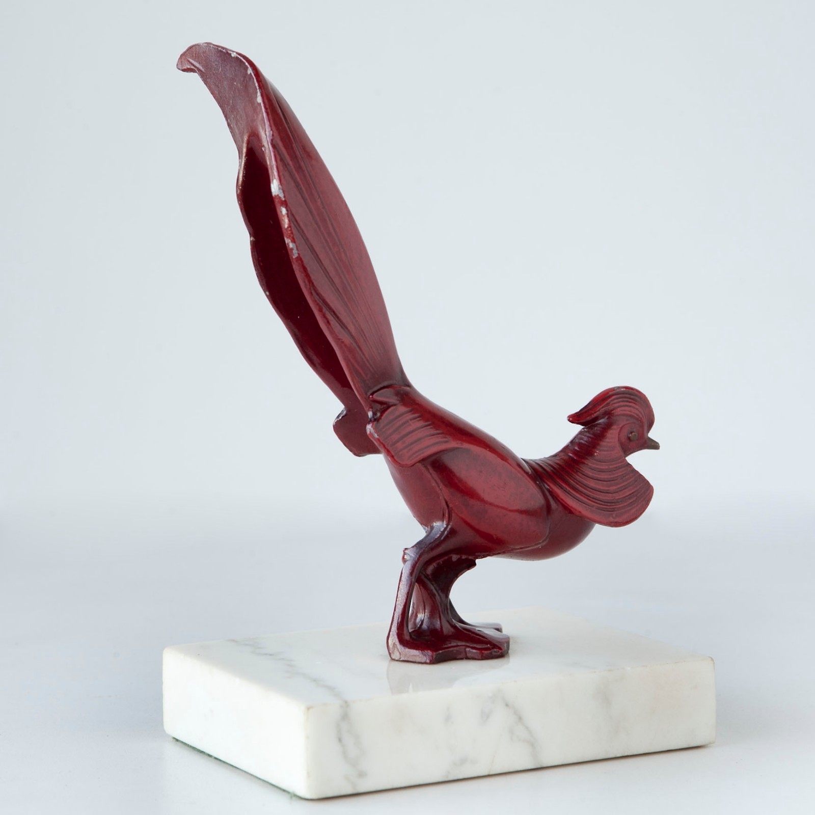 Vintage Art Deco Style Red Painted Metal Pheasant Sculpture on Marble Pedestal