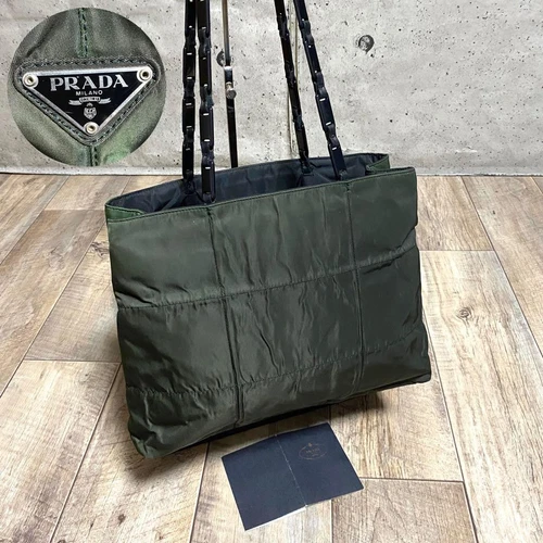 PRADA sac à main fourre tout sac à main logo nylon toile cuir kaki authentique