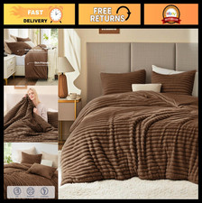 Fluffy King Size Comforter Set - Soft Faux Fur Stripe Jacquard 3 Pieces, Taupe B