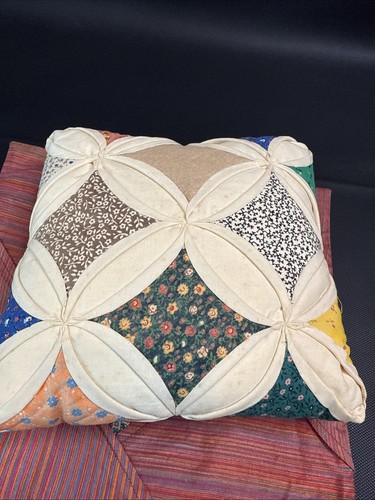 Handmade Cathedral Window Throw Pillow Quilt Patchwork & Embroidered Pillow Cove - Picture 3 of 9