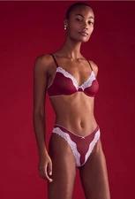 VICTORIA'S SECRET Campari Red Tease Lace Mesh Unlined Demi Bra 32C & M Thong NWT