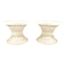 Pair Spun Fiberglass 24" Round Stone Textured Tops End Side Tables Woodard MINT