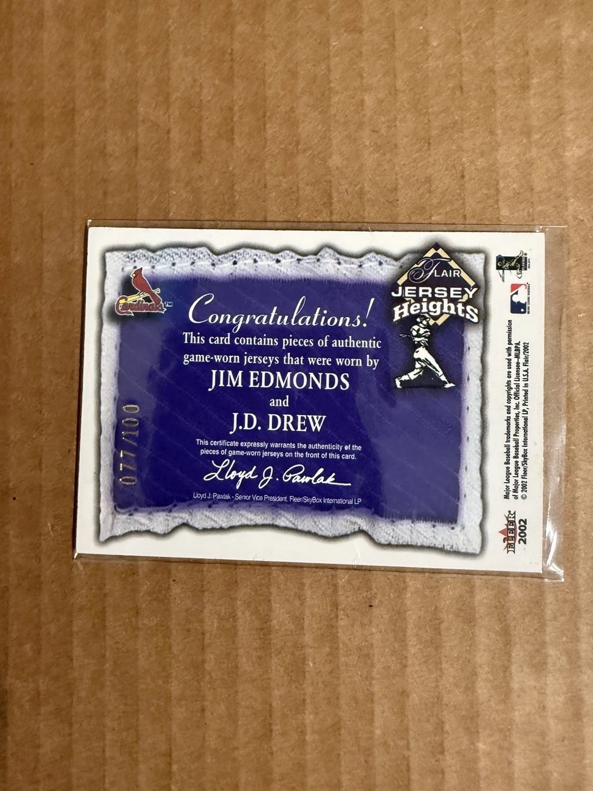 2002 Flair Jersey Heights Dual Game used Memorabilia Jim Edmonds/JD Drew view 2