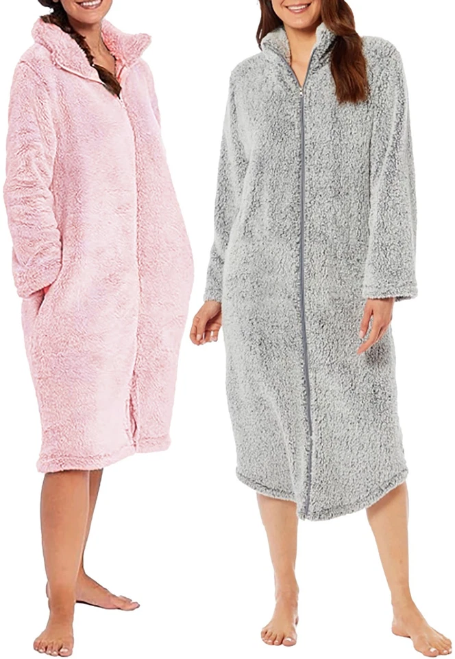 UK DISPATCH Women's Fleece Zip Through Robe Dressing Gown Housecoat Bathrobe Plush Robes
