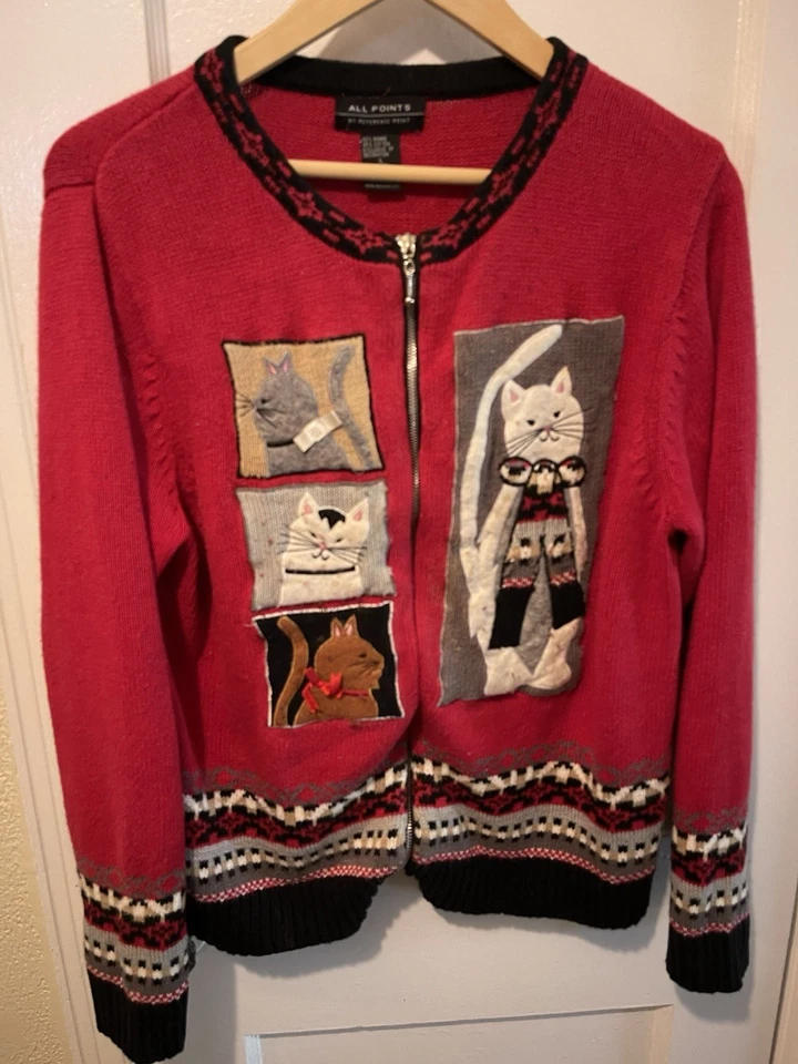 Suéter All Points Vintage Gato Rojo Invierno Fair Isle Look Cremallera Grande Algodón Ramie Foto 3 de 4