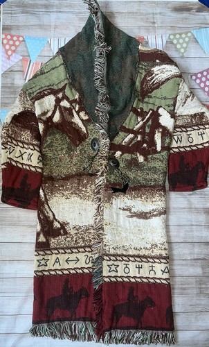 BRONCO BILLY’S ONE SIZE GRÜN ROT UND WEISS Pferde Strickjacke Decke Jacke Vintage