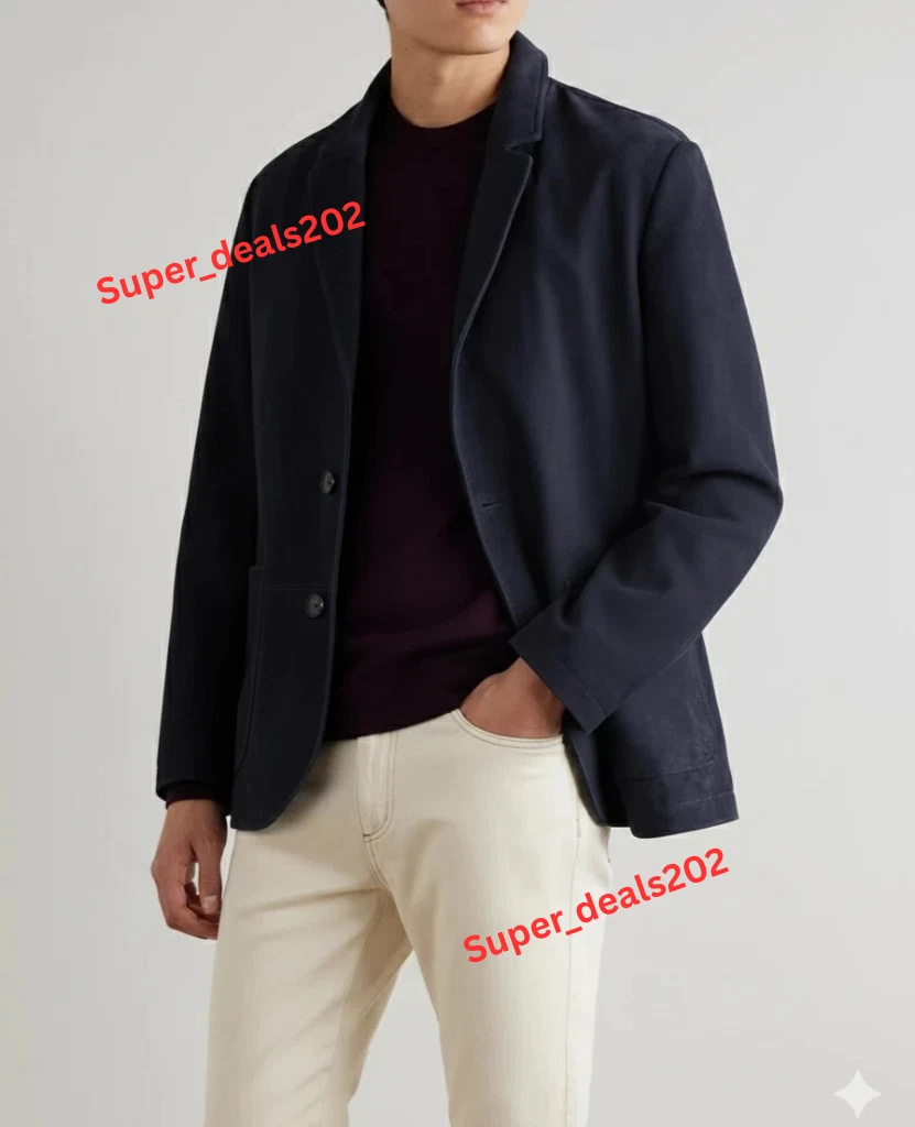 Mens Navy Blue Suede Lambskin Leather Blazer Handmade Formal Stylish Coat Outfit