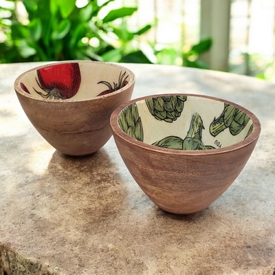 Two Mango Wood Bowls With A Colorful Tomato & Artichoke Enamel Design