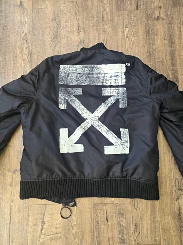 Off-White Men’s Black Nylon Full Zip Bomber Jacket Distressed Logo Size XL - product listing photo