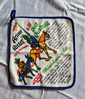 Topflappen Rezeptmotiv „Armer Ritter“ weiß/blau mit Aufhängeschlaufe 20x20
