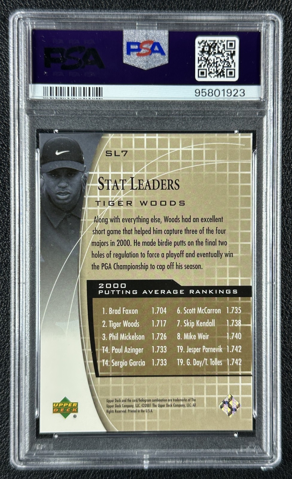 TIGER WOODS PSA 10 2001 UPPER DECK #SL7 STAT LEADERS 1923 view 2