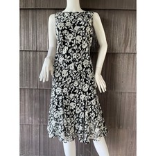 Chaps Black White Floral Chiffon Ruffle Midi Dress Cocktail Evening Whimsical