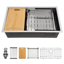 33 In. Undermount Single Bowl 16 Gauge Brushed Stainless Steel Workstation Kitch