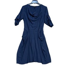 BCBGMaxAzria Women's S Draped Cowl Neck Blue Midi Shirt Dress 3/4 B1242