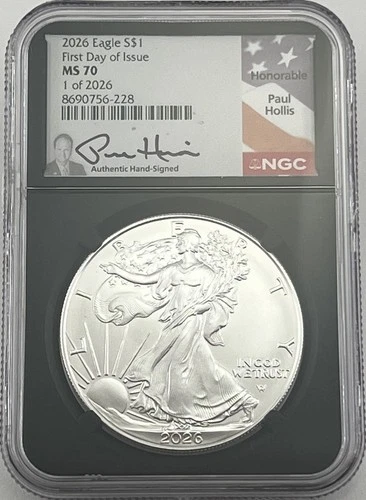 2026 AMERICAN SILVER EAGLE NGC MS70 FDOI BLACK CORE PAUL HOLLIS SIGNED 1 of 2026